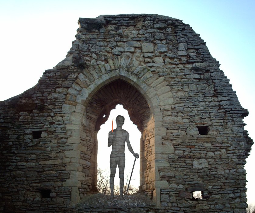 stoned image: nib nude
with stone texture framed in backlit window of ruined church